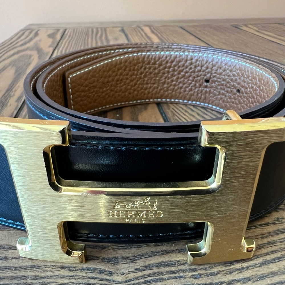 Hermes Black and Brown Belt with Gold 'H' Buckle